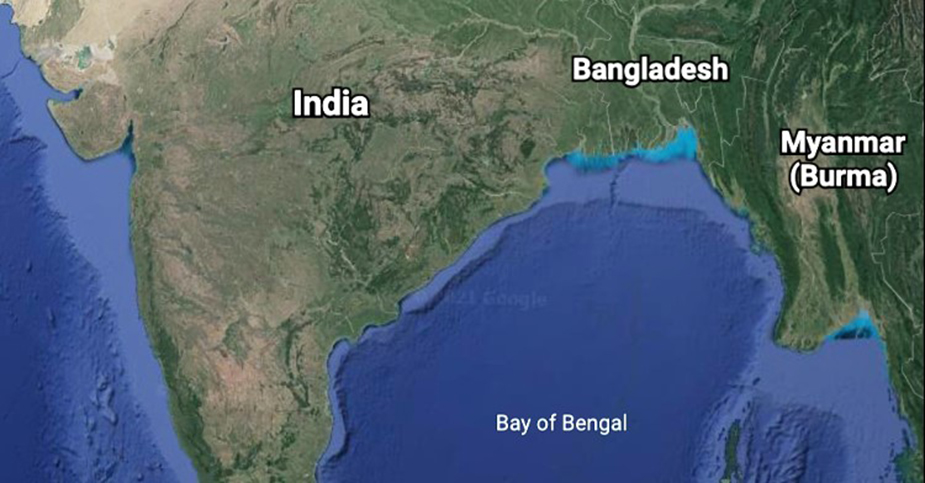 The Bay of Bengal “funneling” up toward the coast of Bangladesh. Maps Data: Google, Landsat/ Copernicus, SIO, NOAA, U.S. Navy, NGA, GEBCO, SK Telecom